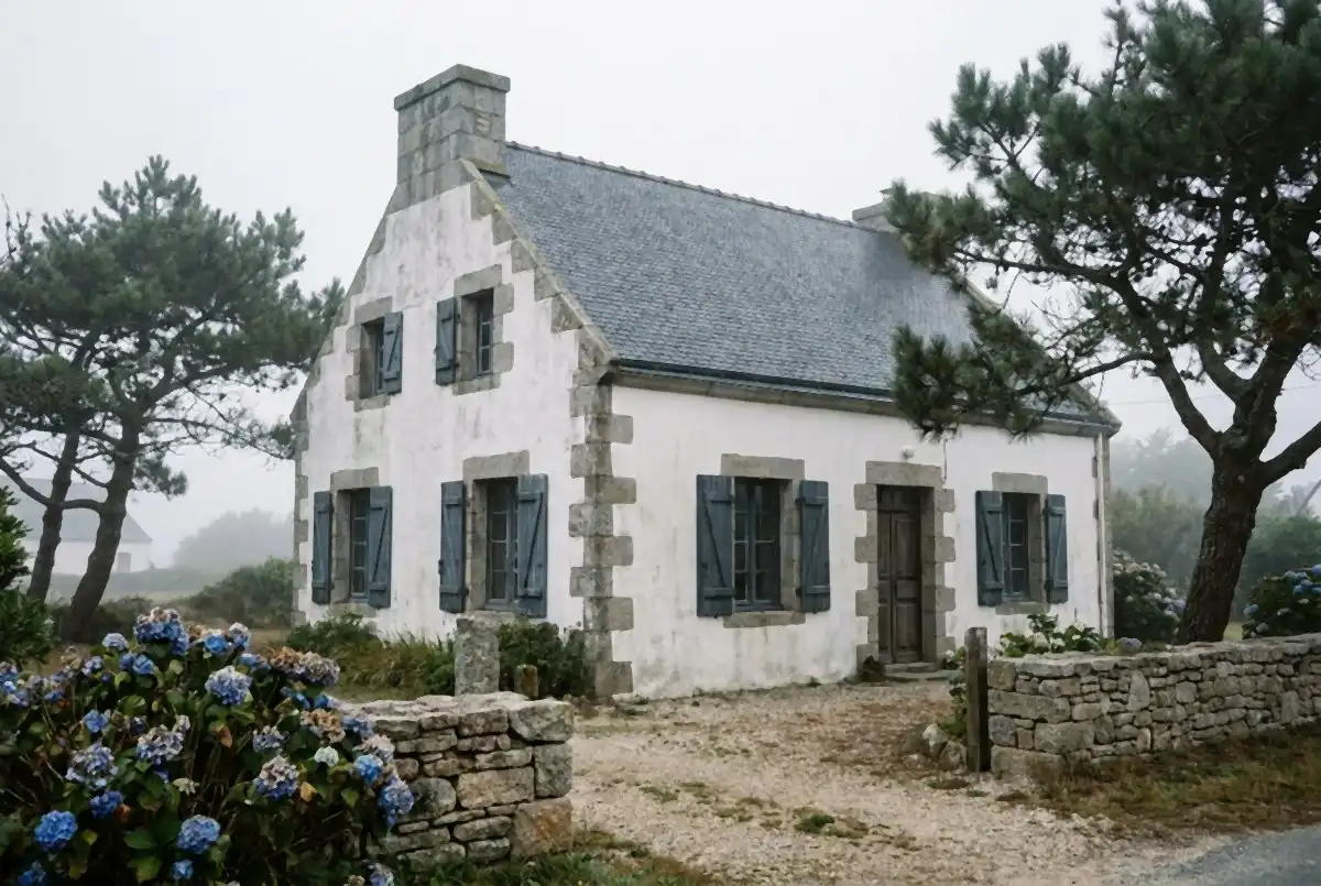 Maison bretonne en pierre et pins, dans la brume du matin