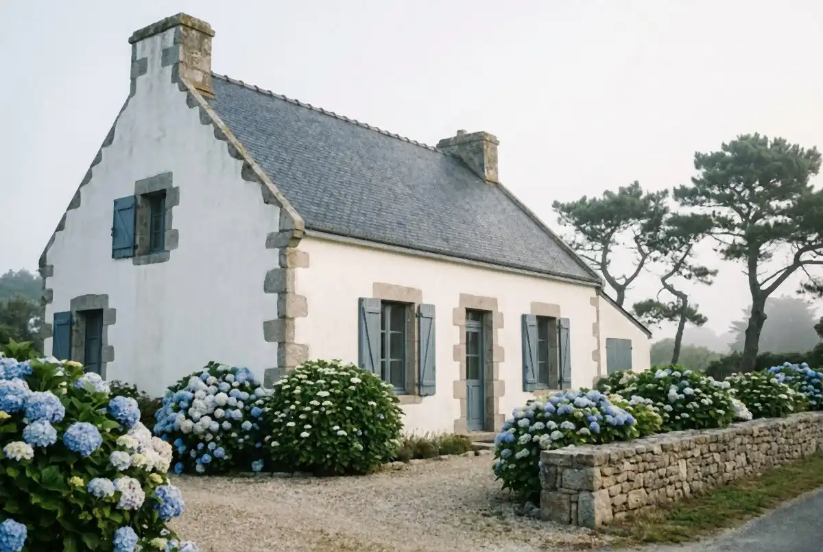 Maison bretonne en pierre et hortensias, typique de la presqu'île